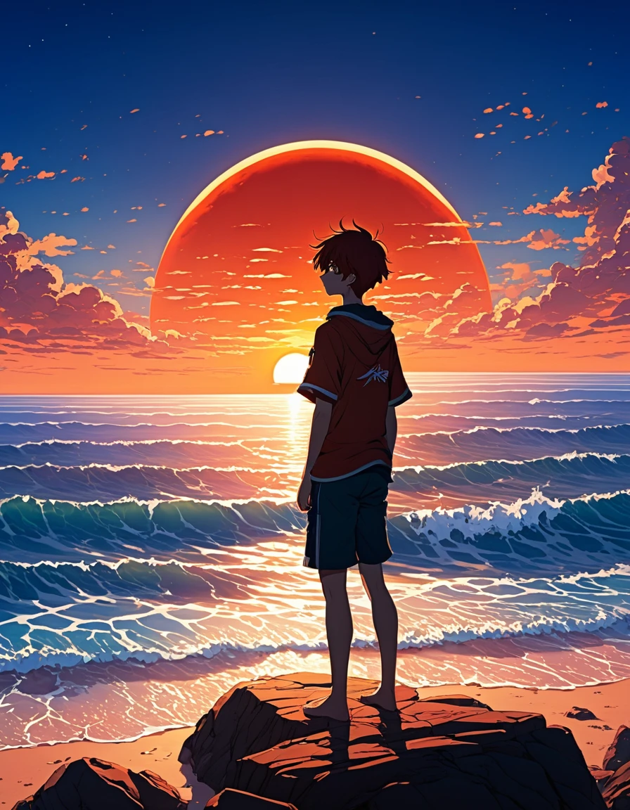 The image shows a young male anime character looking at the ocean at sunrise., with a backdrop of a vibrant blue sky and red and orange hues of the sun. anime art wallpaper 4k, anime art wallpaper 4k, animated background, anime art wallpaper 8K, animated background art, Anime Landscape Wallpaper, amazing wallpaper, HD wallpaper, 4k anime wallpaper, 4k anime wallpaper, Aries Moross art,art by Bob Byerley , AshleyWoodArtAI, greg rutkowski