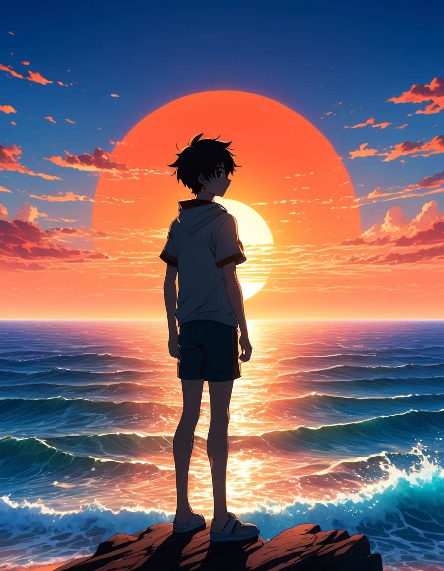 The image shows a young male anime character looking at the ocean at sunrise., with a backdrop of a vibrant blue sky and red and orange hues of the sun. anime art wallpaper 4k, anime art wallpaper 4k, animated background, anime art wallpaper 8K, animated background art, Anime Landscape Wallpaper, amazing wallpaper, HD wallpaper, 4k anime wallpaper, 4k anime wallpaper, Aries Moross art,art by Bob Byerley , AshleyWoodArtAI, greg rutkowski