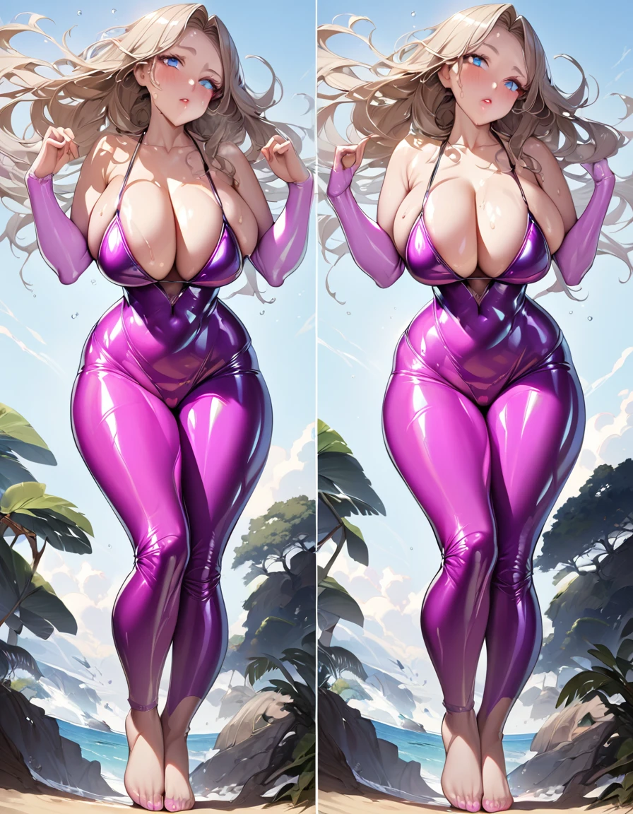 Young beautiful woman,(Highest quality,Extremely detailed depiction,Incredibly absurd high resolution,Anatomically accurate depiction,Two lovely hands, Five perfect fingers,Curvy Legs),(Glowing Skin,Shiny skin,Oilskin),(Beachバレー,Latex Swimwear),Blue Eyes,There is cleavage in the chest,Large Breasts,Glossy Lips,Beachボール,Sweat,whole body,background:Beach,blue sky