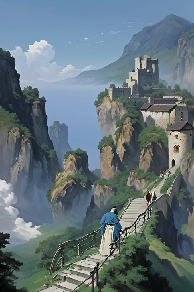 Image of a man standing on the stairs leading to the castle, The Flowery Road to Heaven, author：Yang J, Chinese Fantasy, An ancient road, She is approaching heaven, Sky Bridge, Taoism, author：Han Gan, Taoism大师, To the sky, Heaven&#39;s Gate, by Qu Leilei, The Path to Enlightenment, Cloud Palace