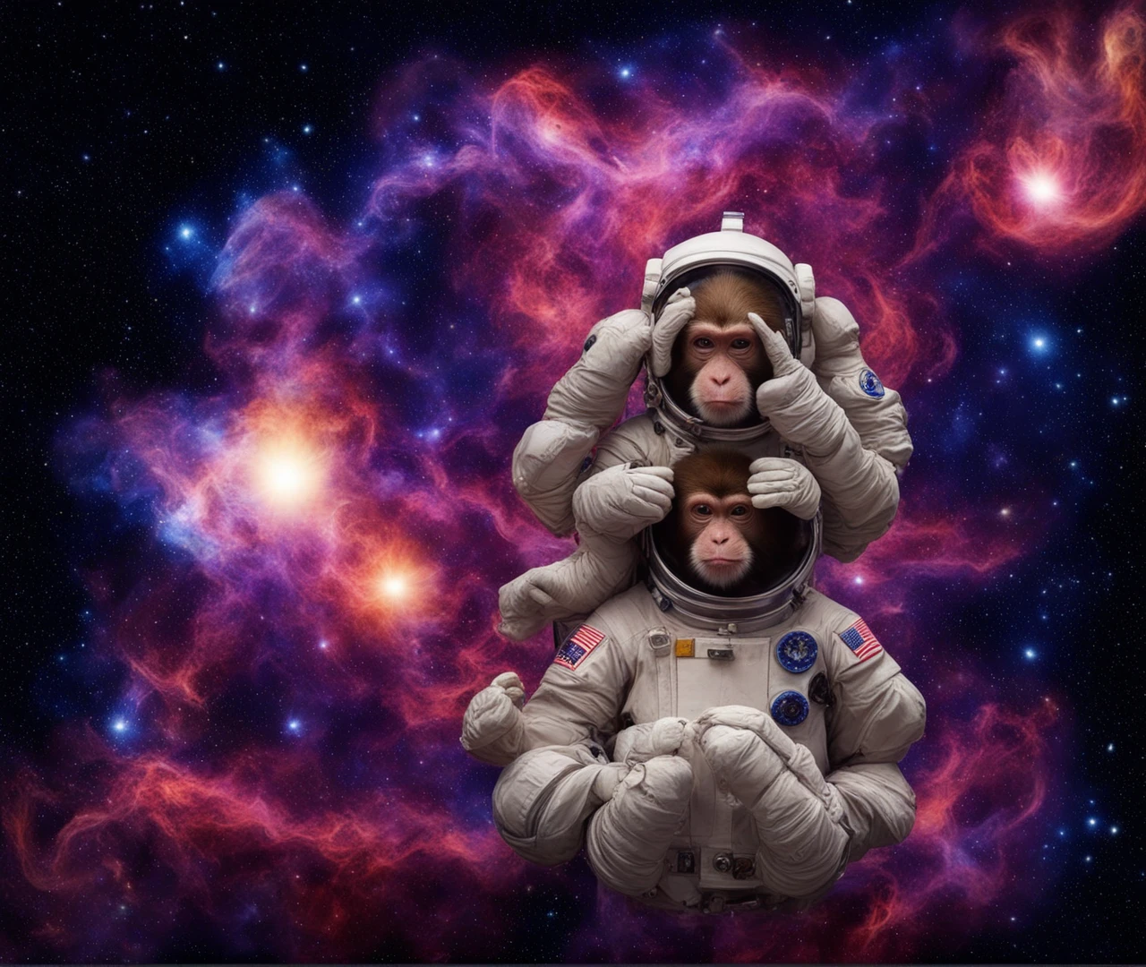 Wearing a space suit、A monkey meditating in space surrounded by a chalk dust nebula, half lotus flower, 10K high resolution, RAW Photos, Vibrant colors, Perfect hands, Low lighting