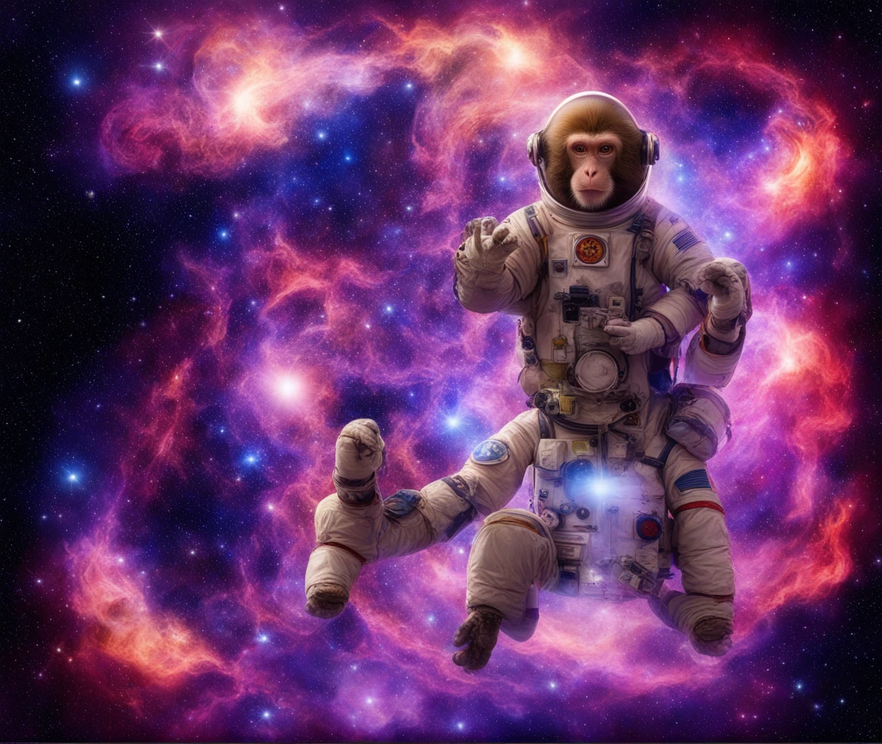 Wearing a space suit、A monkey meditating in space surrounded by a chalk dust nebula, half lotus flower, 10K high resolution, RAW Photos, Vibrant colors, Perfect hands, Low lighting