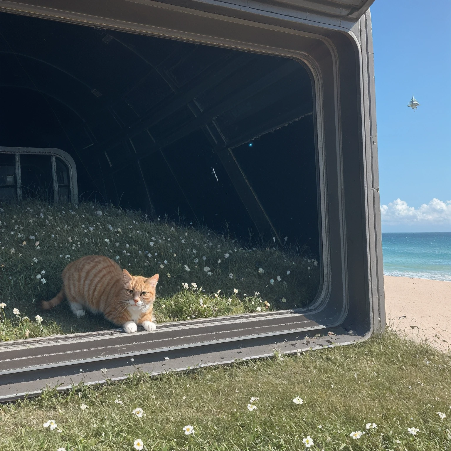  realistic,score_9, score_8_up, score_7_up, 
a cat,a destroyed badly damaged space ship,beautiful beach,broken windows, grass and flowers grow around,sunny,ocean