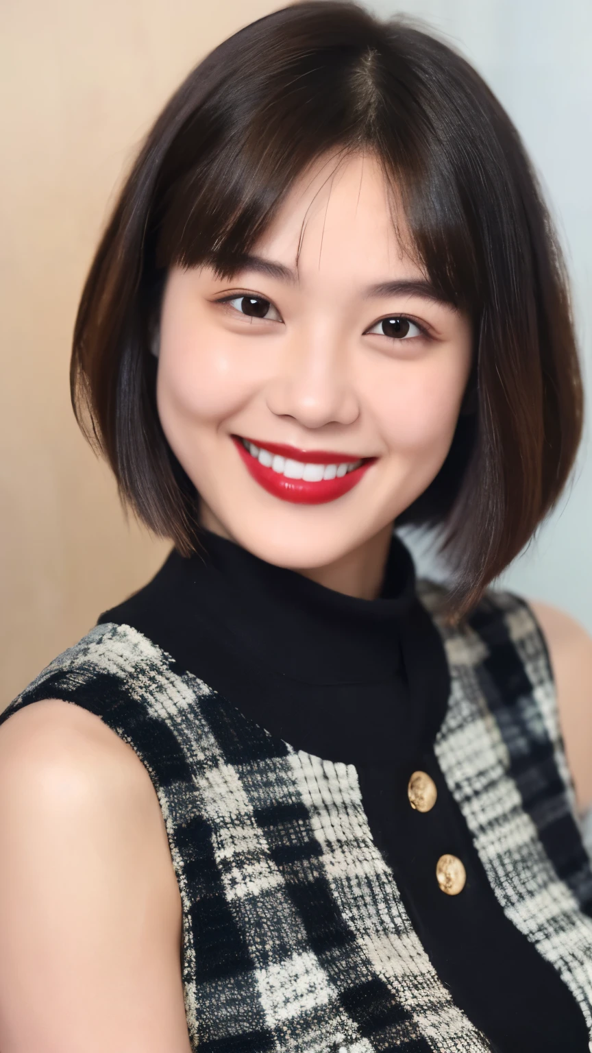 253 18-year-old female, (short hair),lipstick, smile
