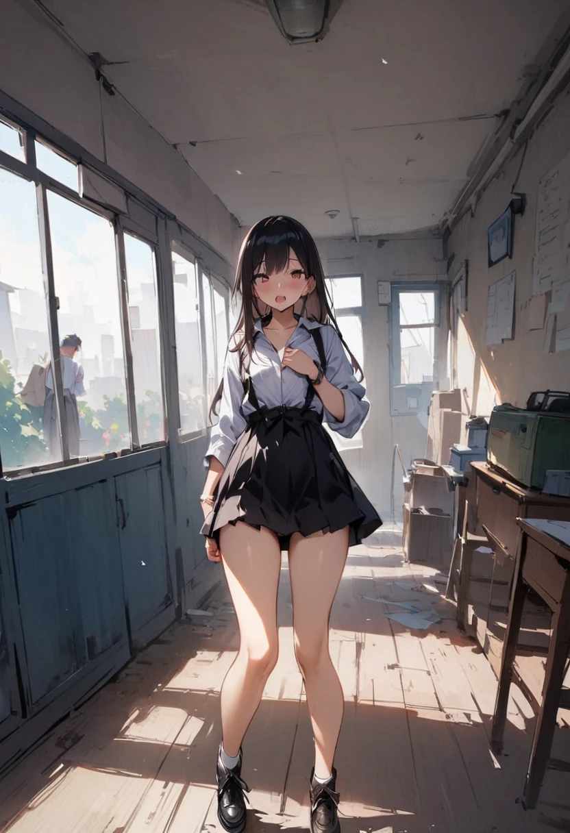 School、In the classroom、Sitting in a chair、Girl、Girl、Short、Younger、Lower school year、Baby Face、flat chest、Dynamic Angle、masterpiece、best quality、ultra-detail、Great Khan、The air conditioner is broken、Summer sunshine、Miniskirt、Pussy、bra、Spreading legs、Looks hot、Raise one leg、The desks are lined up、corridor、window、Seems like a hassle、Complaining、There are several classmates behind me.、Clothing、Untidy appearance、Her chest is exposed、Wide Stride、Fan、With his mouth open sloppily

