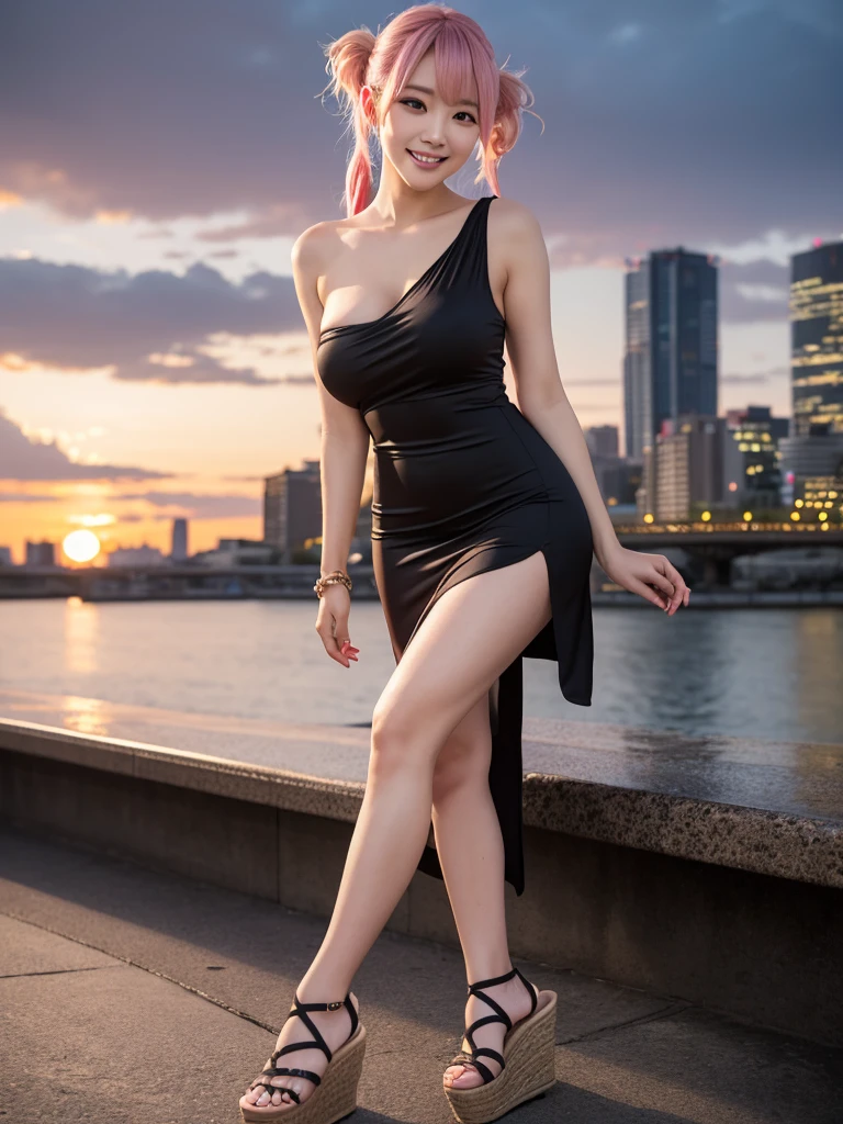 (8k, RAW photo, best quality, masterpiece:1.2), (realistic, photo-realistic:1.4), (extremely detailed 8k wallpaper), Japanese 20 age woman, She’s wearing comfortable wedges and stylish accessories, her hair in a casual updo. The image captures her full body against the backdrop of a stunning cityscape at dusk, emphasizing her laid-back style and the romantic evening atmosphere,(sexy costume),One-shoulder dress,A smile that invites others,Twintails pink hair ,Her clothes are peeling off and her breasts are showing a little.she is showing cat play