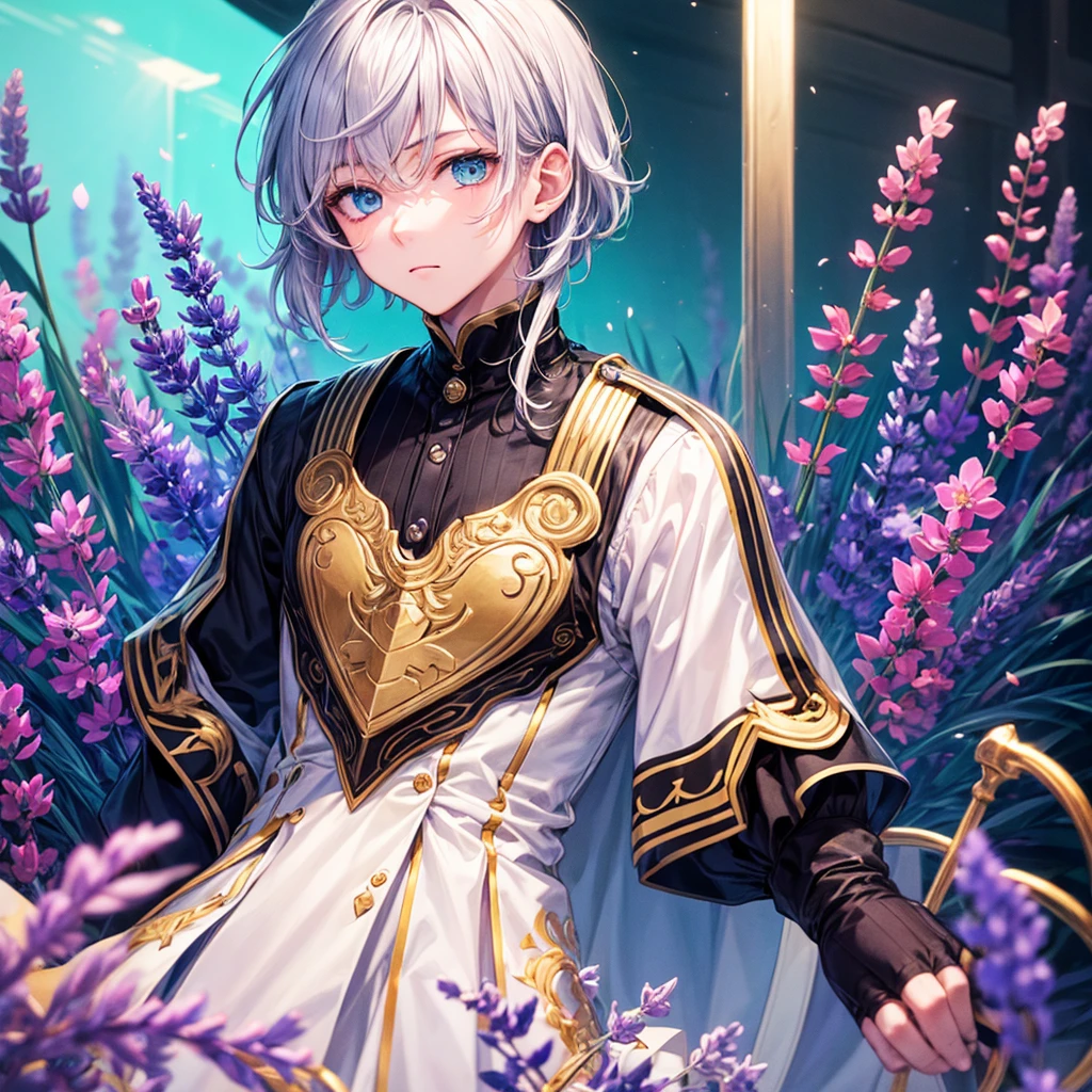 masterpiece, 最high quality, high quality, One boy, alone, Male Focus, View your audience, Upper Body, A high school boy with loose, fluffy lavender hair and round aqua blue eyes.
