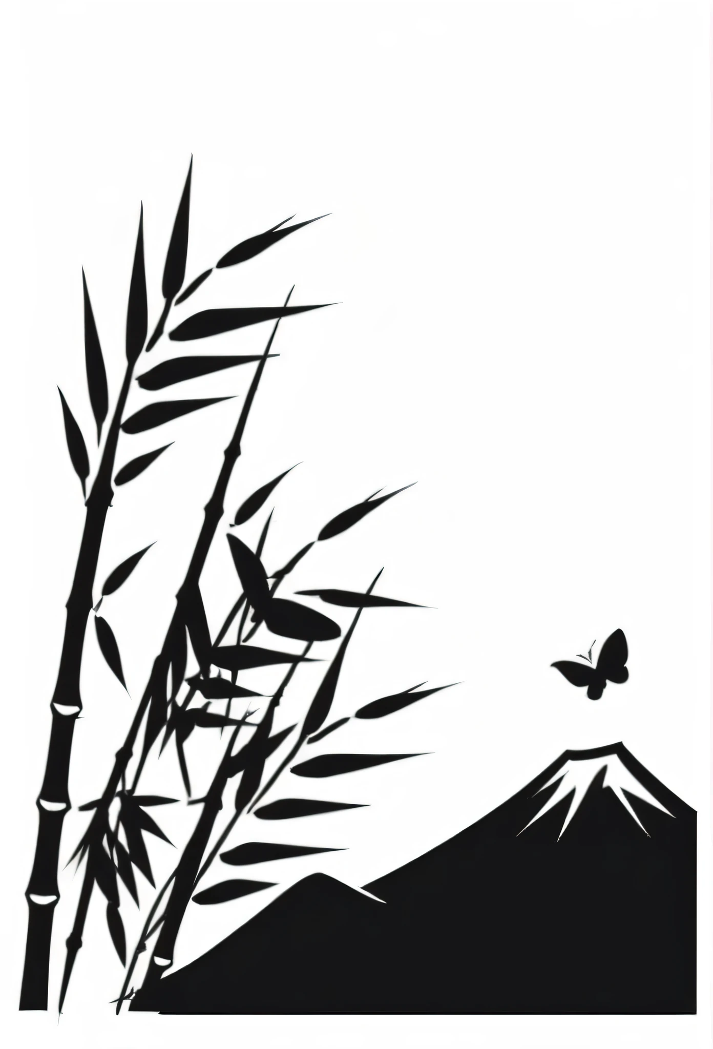 Japanese label logo bamboo grove、Bamboo leaves, etc.、Old Japanese traditional streetscape、Slipping through the gaps、The logo erfly that looks like it is flying is made of bamboo leaves., etc.The angle of view from the diagonal is a bit shy.、Japanese-style design Cool Japanese taste such as shrines Chic and modern design Monotone background Pure white 
8k