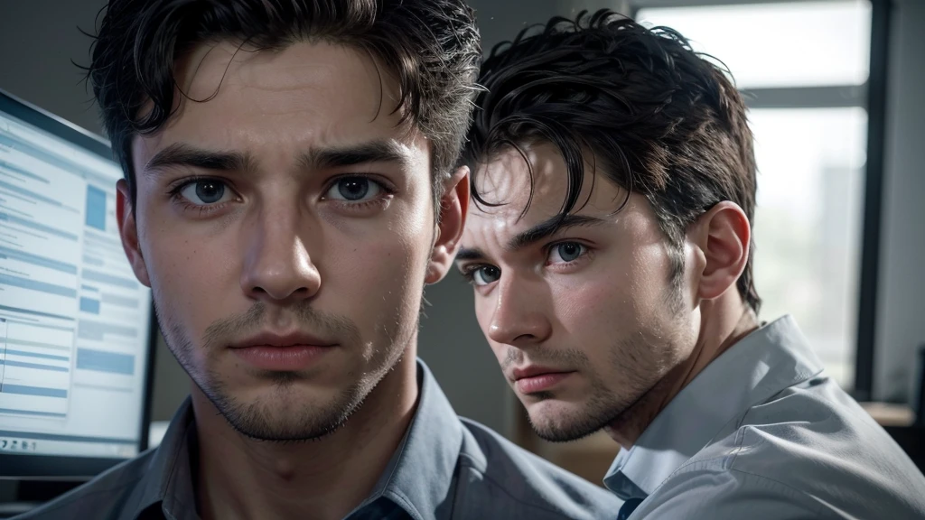 "A man aged 25 to 30, in the work environment, sitting at your desk in the corner of the screen. He is clearly anxious, with a worried expression on his face. The camera is very close, focusing on your anxious eyes and your restless hands. Office lighting highlights the tension on your face, as he tries to deal with the pressure."