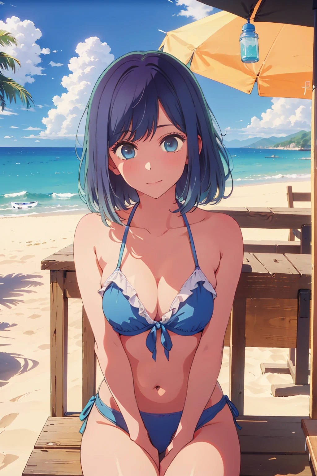 (Highest quality:1.4、masterpiece:1.4、Super detailed:1.4、8K:1.4)、((((1 person、Surprised expression、sit、Outdoor café terrace、coastal、juice、table、Sandy Beach、juiceのグラスを持つ、Plain Bikini、Very soft boobs、Big eyes、Very cute face))))、F cup bust、Medium breast、moonlight