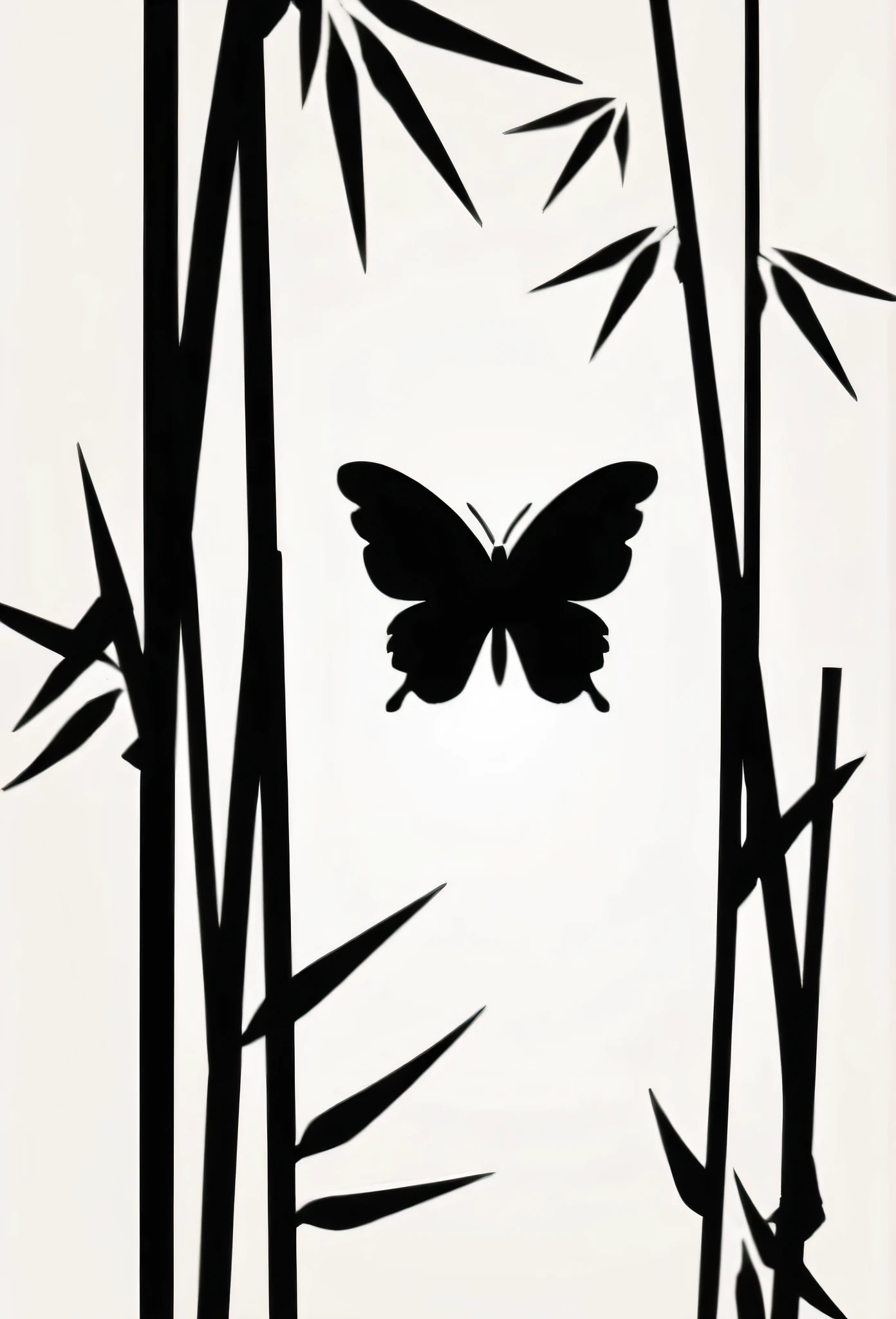 Japanese label logo bamboo grove、Bamboo leaves, etc.、Old Japanese traditional streetscape、Slipping through the gaps、The logo butterfly that looks like it is flying is made of bamboo leaves., etc.The angle of view from the diagonal is a bit shy.、Japanese-style design Cool Japanese taste such as shrines Chic and modern design Monotone background Pure white 
8k
