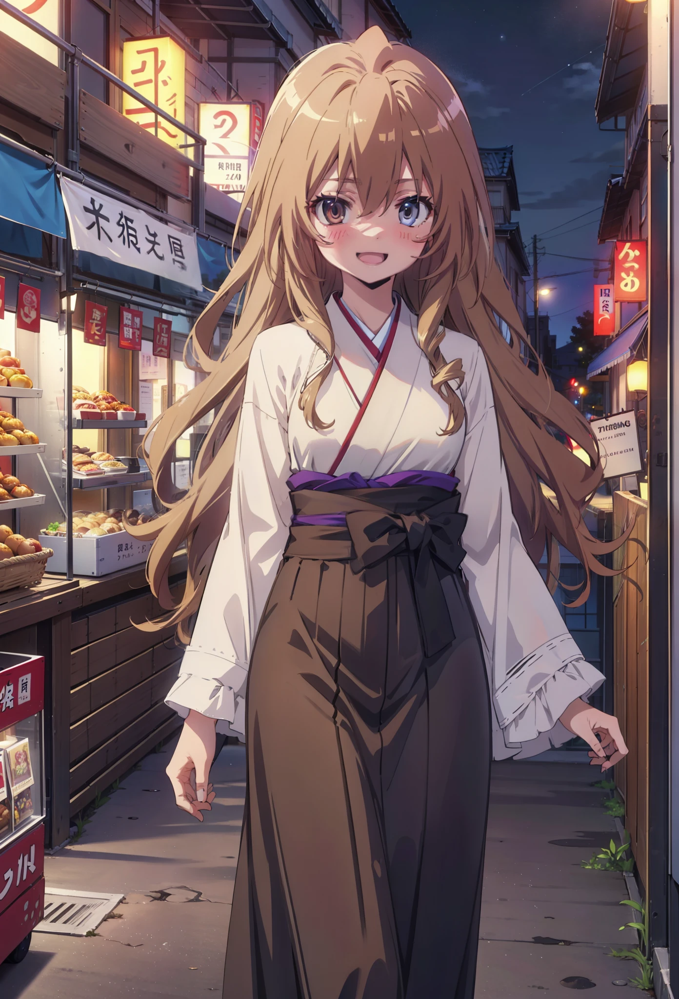 taiga aisaka, taiga aisaka, Long Hair, Brown Hair, Brown eyes,happy smile, smile, Open your mouth,Black kimono,Thick sleeves,Black long skirt,Japanese Festivals,Summer festival food stalls,Red lantern,night,As if your whole body is in the illustration,Walking, break looking at viewer, Upper Body (Cowboy Shot:1. 5),
break outdoors, Area,
break (masterpiece:1.2), Highest quality, High resolution, unity 8k wallpaper, (shape:0.8), (Beautiful attention to detail:1.6), Highly detailed face, Perfect lighting, Highly detailed CG, (Perfect hands, Perfect Anatomy),
