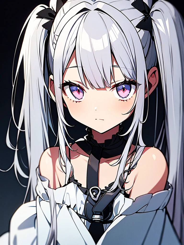 Silver Hair　Twin tails　11 years old　White dress　anime　whole body　Confused eyes　fine　Odd Eye　the 90s
