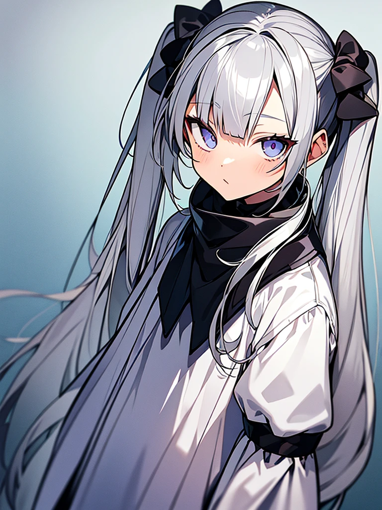Silver Hair　Twin tails　11 years old　White dress　anime　whole body　Confused eyes　fine　Odd Eye　the 90s