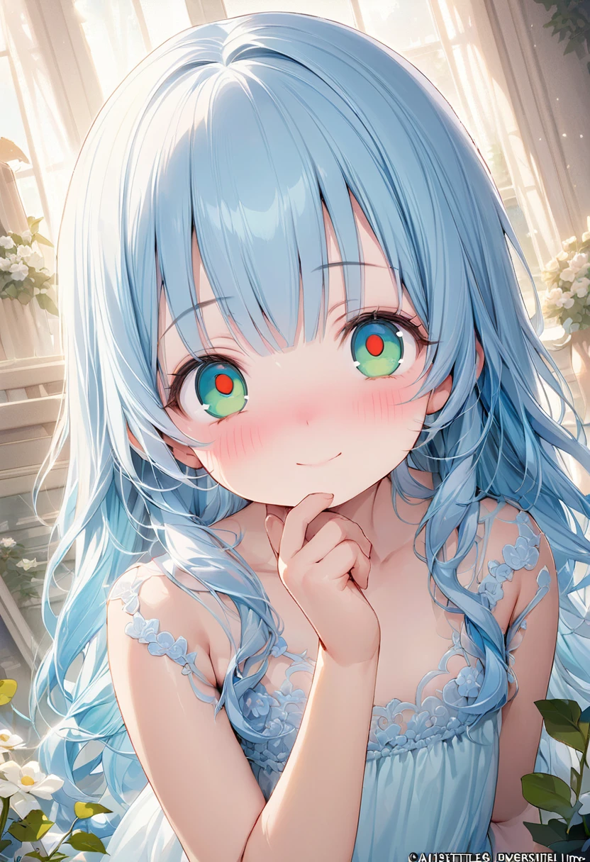 masterpiece, best quality, extremely detailed, (illustration, official art:1.1),adorable  face、 1 girl ,(((( light blue long hair)))),pale blue hair,, long hair ((blush)) , cute face, big eyes, masterpiece, best quality,(((((a very delicate and beautiful girl))))),Amazing,beautiful detailed eyes,blunt bangs((((little delicate girl)))),tareme(true beautiful:1.2), sense of depth,dynamic angle,,,, affectionate smile, (true beautiful:1.2),,(tiny 1girl model:1.2),)(flat chest)、face focus, dynamic angle, masterpiece, best quality, 1girl, solo, long hair, green eyes, plant, looking at viewer, white flower, hair ribbon, hand up, white dress,  hair between eyes, pixiv, depth of field, smile,(((Gypsophila)))