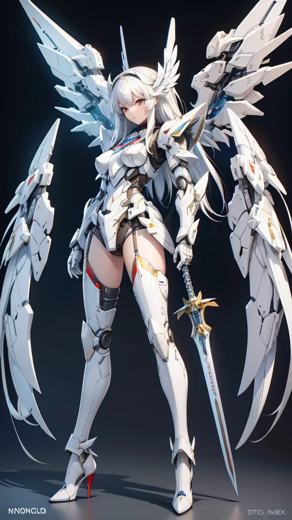 White long hair mecha girl,White armor,Cybernetic wing Mechanical wing,briefs,Thin legs,high heels,Broadsword,Standing,frontal pose,Cyberpunk city