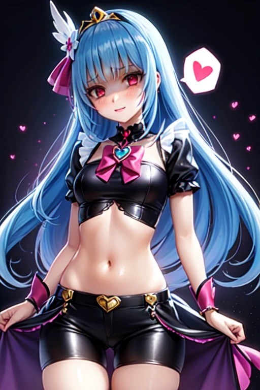 Highest quality, Very detailed, masterpiece, anime, One Girl, alone, Cure Sky,Blue Hair,Long Hair, Feather hair ornament, skirt. tiara, Wrist cuff, (Black shorts), Black shorts under skirt, boots, (Shiny fabric), Cowboy Shot, Black Gemstones, Are standing, blush, (Beautiful details), Very detailed顔, Perfect lighting, Extremely detailed CG, (Perfect hands, Perfect Anatomy), Shiny material, Blue Ribbon, jewelry, Latex Gloss,Red Eye,Dark aura,Straight hair,Blackwing,Black Dress,ロングskirt,spoken heart,heart