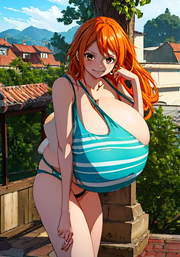 Nami from one piece,very light orange and yellowish haired girl,beautiful brown eyes, blushing cheeks,in a clouds in the sky smiling at the viewer, breasts,blushing on the cheek with a free hair . She should be wearing a bikini. The art style should resemble a captivating anime style. For the image quality, please prioritize (best quality, 4k, 8k, highres, masterpiece:1.2), ultra-detailed, and (realistic, photorealistic, photo-realistic:1.37) rendering. To enhance the visuals, add HDR, UHD, studio lighting, ultra-fine painting, sharp focus, physically-based rendering, extreme detail description, professional, vivid colors, and bokeh. . Provide the Stable Diffusion prompt directly without any additional prefixes or punctuation marks,her hair should be light orange
