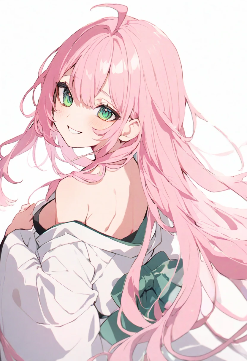 (muste piece), (best quality), very detailed eyes, expressive eyes, perfect face, very detailed face, highly detailed face, beautiful girl, 8K, beautiful girl, white background, delicate and beautiful face and eyes, dark intense shadow,
1 girl, vtuber style, cool girl, hololive, SakuraMiko, long hair, pink hair, green eyes, ahoge, kimono, big chest, clavicle, one eye close winking, smile, (whole body), standing, from back, looking back, sunrsing,