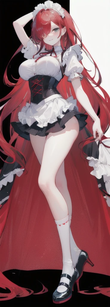 (long beautiful red hair) cyan eyes, (Eyes behind long bangs) big breasts, using accessories (using socks) perfect shiny beautiful reds shoes (Wearing luxurious palace maid clothes Perfect perfect noble) Pose facing sideways (Girl1, straight hair not too long, bangs covering one eye, soft face, gentle smile) ((Standing position with long legs, bare thighs, image position visible from bottom of feet to top of head) long red hair, beautiful cyan eyes (Free pose, right hand down, left hand down, ((Free pose))smile kawai, (black white background) Wearing a reds corset, (Using a beautiful bright blue ribbon) Kawai shy cute eyes (reds colored shoes must be shiny, Must wear short white socks) ((short skirt)) short sleeves (image according to tag)