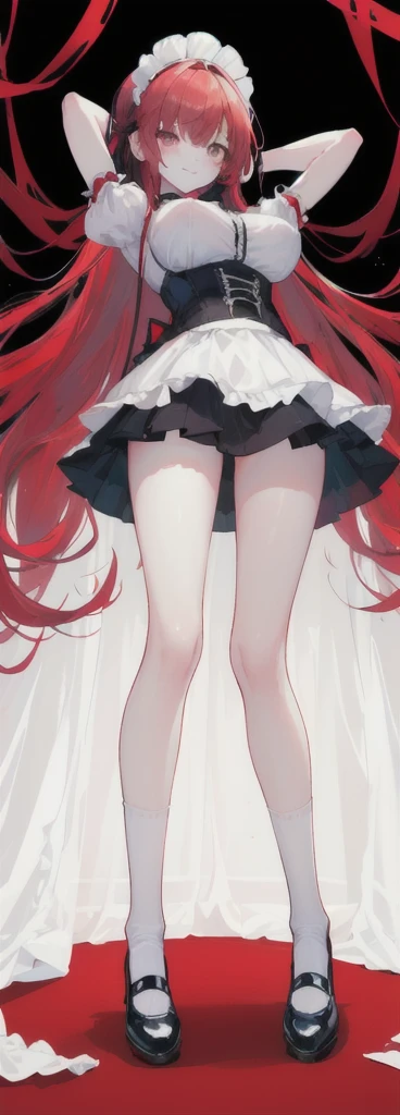 (long beautiful red hair) cyan eyes, (Eyes behind long bangs) big breasts, using accessories (using socks) perfect shiny beautiful reds shoes (Wearing luxurious palace maid clothes Perfect perfect noble) Pose facing sideways (Girl1, straight hair not too long, bangs covering one eye, soft face, gentle smile) ((Standing position with long legs, bare thighs, image position visible from bottom of feet to top of head) long red hair, beautiful cyan eyes (Free pose, right hand down, left hand down, ((Free pose))smile kawai, (black white background) Wearing a reds corset, (Using a beautiful bright blue ribbon) Kawai shy cute eyes (reds colored shoes must be shiny, Must wear short white socks) ((short skirt)) short sleeves (image according to tag)
