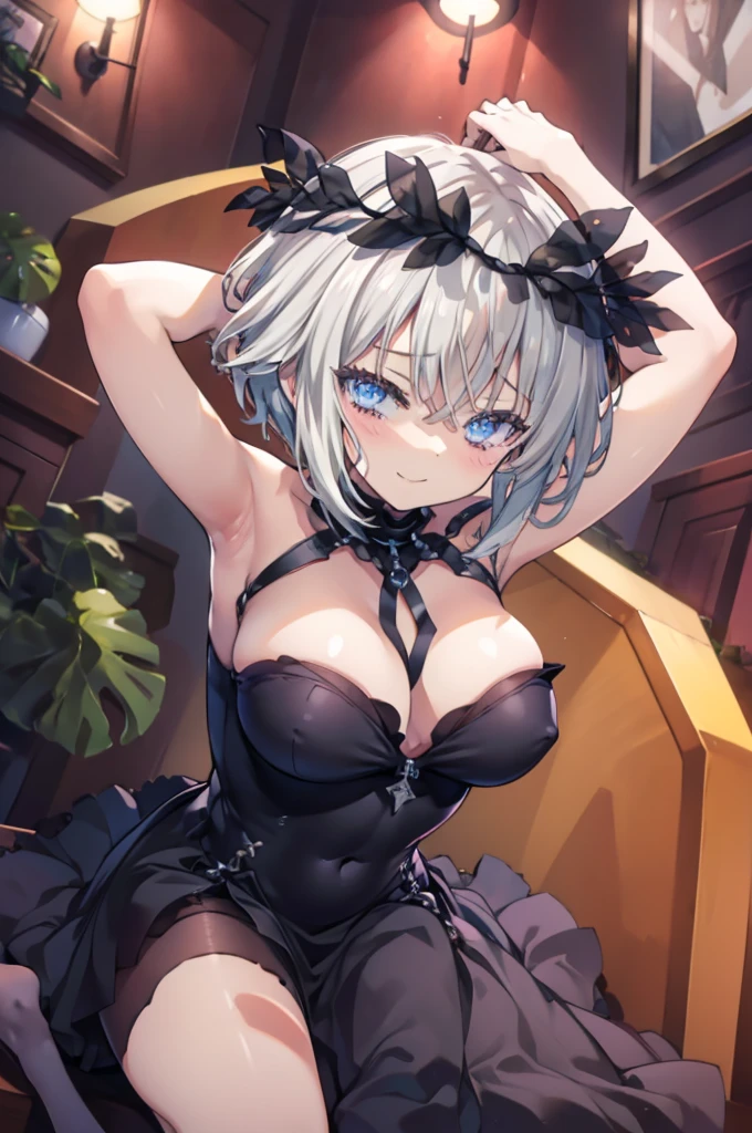 NSFW,((1man with 1woman,Having sex)), Lying down,vaginal,SEX,bared chest,blushed face,A big smile,It's Isl,Black Dress,Top image quality,masutepiece,Best Quality
