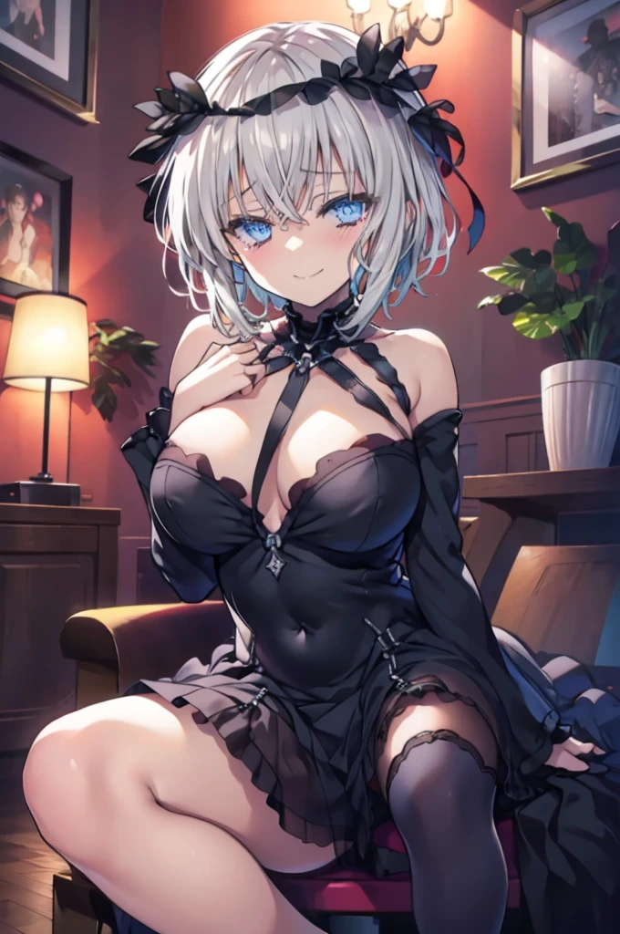 NSFW,((1man with 1woman,Having sex)), Lying down,vaginal,SEX,bared chest,blushed face,A big smile,It's Isl,Black Dress,Top image quality,masutepiece,Best Quality