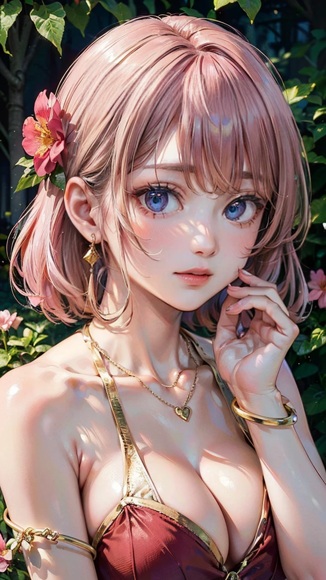 (Masterpiece, BestQuality:1.3), (ultra detailed:1.2), (hyperrealistic:1.3), (RAW photo:1.2), High detail RAW color photo, professional photograph, (Photorealistic:1.4), (realistic:1.4), (Pink Hair:1.5), professional lighting, perfect anatomy, (Big Breasts:1.2), (blush, detailed face), (cheerful Smile:1.5), Trending Hair&Trending Hairカラーをランダムに, earrings, necklace, bracelet, sexly, erotic sexly, Random sexy gravure poses, (Beautiful woman wearing a red halter neck dress、Smiling in the flower garden、Gold chain bracelet、Flower gazing pose。:1.3)