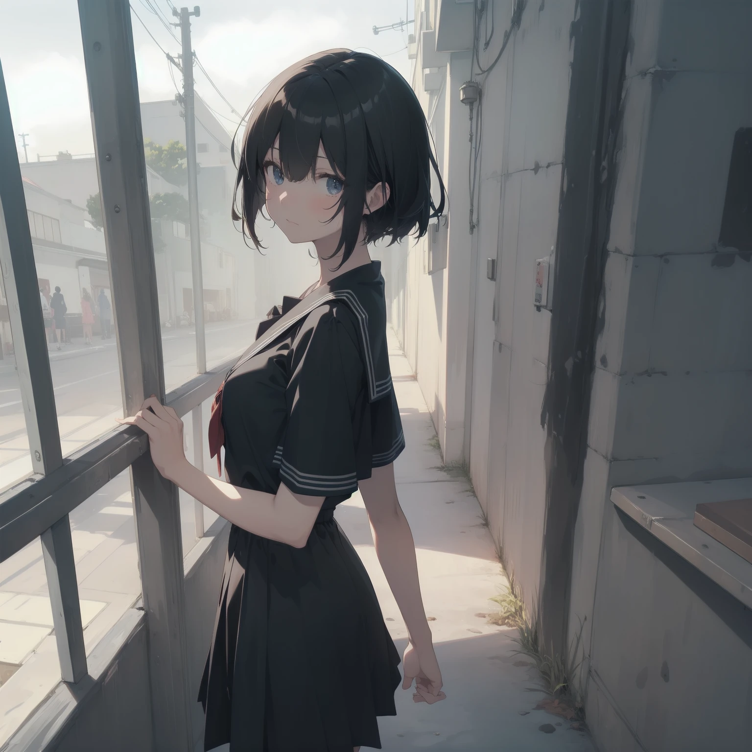 ultra-absurdres-Top quality by artist God, ultra-detailed, high resolution, anime moe artstyle, best anime 8k konachan wallpaper, pixiv contest winner, pool:2810, perfect anatomy,break, 1girl, (Please draw a girl walking sleepily to school alone. )break,(Solo,little female, 13-year-old:1.3),Full limbs, complete fingers,a junior high school student, (very short hair), short cut, flat chest, , small butt, small black eyes, beautiful detailed eyes, well-proportioned iris and pupils, expressive eyes, highres detailed hair, soft expression, salor school_uniform, sailor collar, serahuku, bow, pleated skirt,(Detailed Lighting), (Detailed background), in the School commute route. break,super detailed skin, Best cinematic lighting powered by famous artist, 8k,beauty illustration,photoshop_(medium),very aesthetic,break,((artist:yamamoto_souichirou )), artist:clamp ,artist:carnelian ,artist:kantoku ,