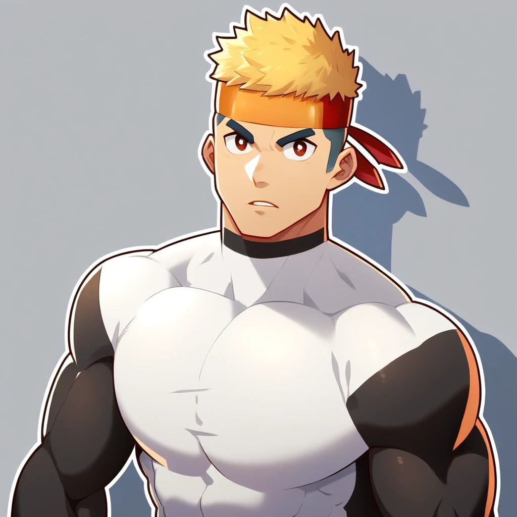 anime characters：Gyee, Muscle Sports Student, Manliness, sports headband, male focus, Cute boy with big eyes, Mike WHite high collar long sleeve tight T-shirt, Slightly transparent material, Very tight, Round, full and perky chest muscles, Slightly transparent, muscular male, muscular, only, Upper body, alone, Black short hair, Thick eyebrows, stubble, Cute little eyes, Brown-red pupils, Grey background, simple background, amazing quality, best aesthetics, Ridiculous, crew cut, parted lips, v-shaped eyebrows, jitome, drop shadow, best quality