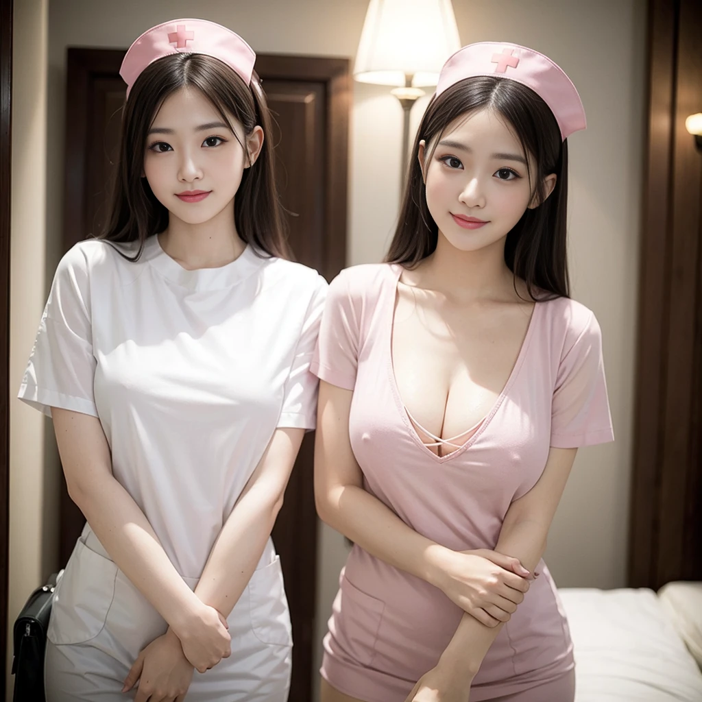 ((Mature woman standng in a hotel)),((see through pink nurse:1.3)). 40k, Photography, masutepiece, Best Quality, dark grey background, ((Mature Women, waifu, mami, A MILF)), ((voluptuous breasts)), Perfect face, perfect , ((1girl_solo with brown eyes and gorgeous bright black hair)). a Pretty Japanese woman,wet hair look, completely soft chest and white skin,, ((Very soft breasts)). Ultra-detailed face, Detailed eyes, embarrassed, Smile, Summer, Daytime, full body view,