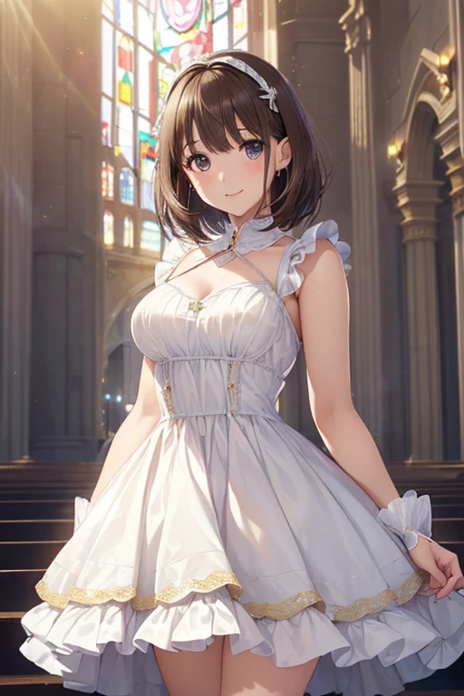 anegasaki nene、(Shiny brown hair, short hair, Beautiful brown eyes、Sparkling eyes, Fine grain)、smile、Ultra-detailed eyes、Very detailed顔, Very detailed目,


(high quality, High resolution, Fine details), Realistic,Cowboy Shot、

(((Dress Transparent Dress))), (((The dress features a voluminous hoop skirt and a long hem..、Gorgeous, 比類のないほどGorgeousロココ調ビクトリア朝のガウン, Princess style skirt))), (ガウン Shine まばゆいばかりに キラキラ 反射する プリズム状 透明 ガウン:1.2), (Gown A very elaborate gown:1.5),  (Expressive hair), Very voluminous、 Super delicate and beautiful face, Beautiful Lips, (Hyper Detail: Delicate and beautiful eyes),  美しいsmile, (((Young Face, Solo and seductive adorable princess, Teenage Girl, pretty girl, very pretty girl))), (Anime Moe Art Style 1.3), (((masterpiece, Very detailed, 最high quality, 超High resolution, Great quality, Superior Quality, Very detailed, 超High resolution, Unity 16K, 32k, ultra photo Realistic))), (Face Focus, Eye focus, Realistic, Blurred Background, Lens flare, Shine, Light corrosion effect:1.5), (Background of the church at night:1.3), 