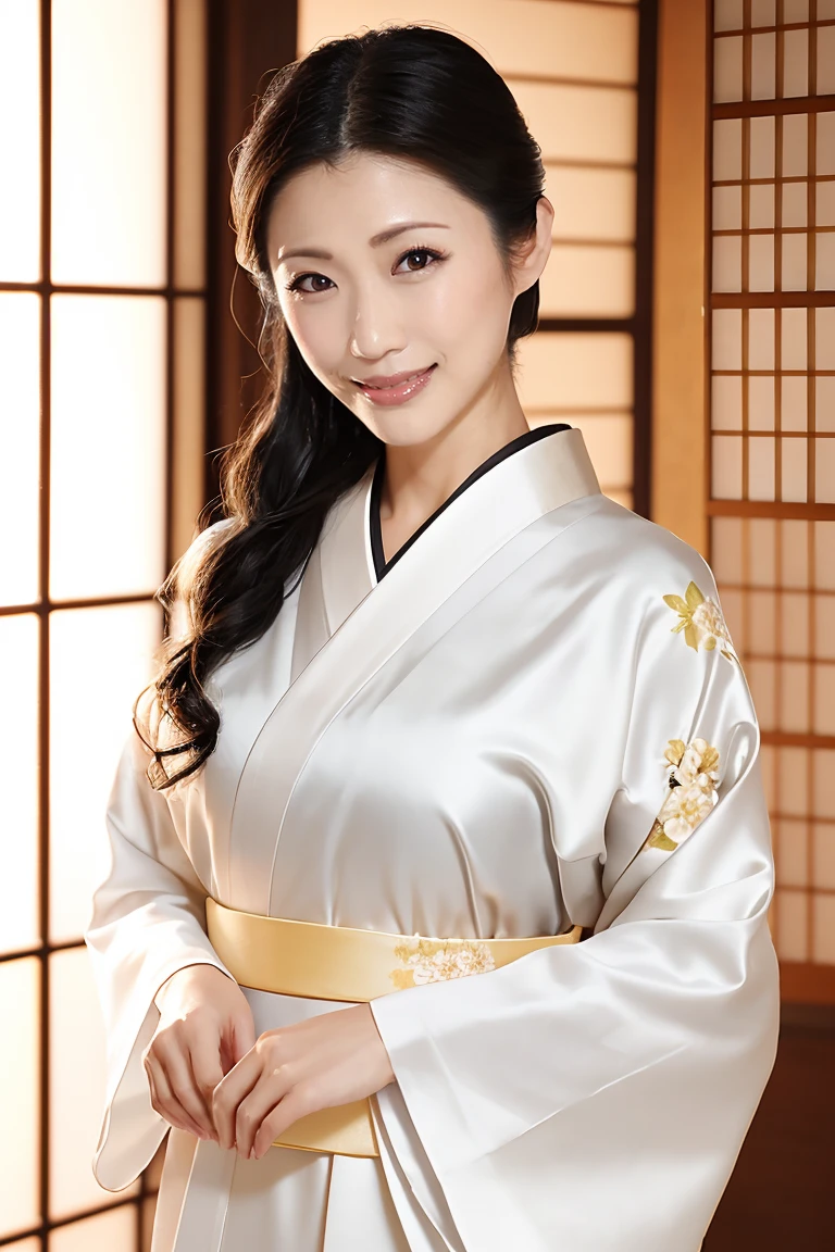 (最high quality、Tabletop、8K、Best image quality、Award-winning works)、(一人のbeautiful成熟した女性:1.1)、Adult face、(Innkeeper:1.1)、(Elegant white kimono with floral pattern:1.2)、(A kimono with a perfect and precise collar:1.2)、Perfect mature woman portrait photo、Glowing Skin、Standing Elegantly、(Blurred elegant and exquisite perfect Japanese style room background:1.3)、(The most natural and perfect tidy Japanese style room background:1.2)、(Strongly blurred background:1.2)、(Tyndall effect:1.2)、(The most romantic and moody:1.2)、Glowing White Skin、Very white skin、(Accentuate your body lines:1.1)、(The most graceful posture:1.2)、(Large Breasts:1.2)、A perfect smile、完璧なbeautiful光沢のある唇、(Accurate anatomy:1.2)、(A perfect and elegant outfit:1.1)、(Standing with good posture:1.1)、(beautiful, high quality, Large kimono obi:1.2)、(Long kimono:1.2)、(完璧で自然なbeautiful袖:1.2)、(完璧で自然なbeautiful衿:1.2)、(完璧で自然なbeautiful着物:1.2)、(完璧で自然なbeautiful袂:1.2)、(完璧で自然なbeautiful柄付きの帯:1.2)、(Chignon:1.2)