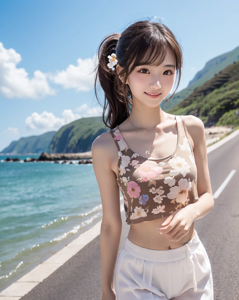 (Highest quality, 32k, High resolution, Masterpiece:1.5, ), marimo_jet, god々A photograph with brilliant dazzling and healing power., Evoking a sense of calm and elusive beauty, Expressing emotions, Have a rich imagination, The road to the horizon, Nostalgic scenery of youth, Beautiful Japanese Girls, An exceptionally beautiful face, Small Face Beauty, Perfect Human Anatomy, Magical big eyes, Motherhood and generosity, Deep Love, fleeting smile, ((Shiny brown hair:1.1)), ((A beautiful ponytail swaying in the wind)), Asymmetrical bangs, Hair between the eyes, Transparent, soft white skin, Sharp eyebrows, Thin lashes, Natural Makeup, Cheek highlighter, Pale pink detailed lips, (Floral tank top:1.4), High resolutionの美しい太もも, Beautiful legs, ((Walking the coastal highway:1.2)), ((The road to the horizon路)), Beautifully detailed skies, ((Shining in the morning sunlight)), Professional photographer, Professional Lighting, Professional models, god秘的