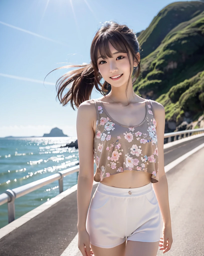 (Highest quality, 32k, High resolution, Masterpiece:1.5, ), marimo_jet, god々A photograph with brilliant dazzling and healing power., Evoking a sense of calm and elusive beauty, Expressing emotions, Have a rich imagination, The road to the horizon, Nostalgic scenery of youth, Beautiful Japanese Girls, An exceptionally beautiful face, Small Face Beauty, Perfect Human Anatomy, Magical big eyes, Motherhood and generosity, Deep Love, fleeting smile, ((Shiny brown hair:1.1)), ((A beautiful ponytail swaying in the wind)), Asymmetrical bangs, Hair between the eyes, Transparent, soft white skin, Sharp eyebrows, Thin lashes, Natural Makeup, Cheek highlighter, Pale pink detailed lips, (Floral tank top:1.4), High resolutionの美しい太もも, Beautiful legs, ((Walking the coastal highway:1.2)), ((The road to the horizon路)), Beautifully detailed skies, ((Shining in the morning sunlight)), Professional photographer, Professional Lighting, Professional models, god秘的