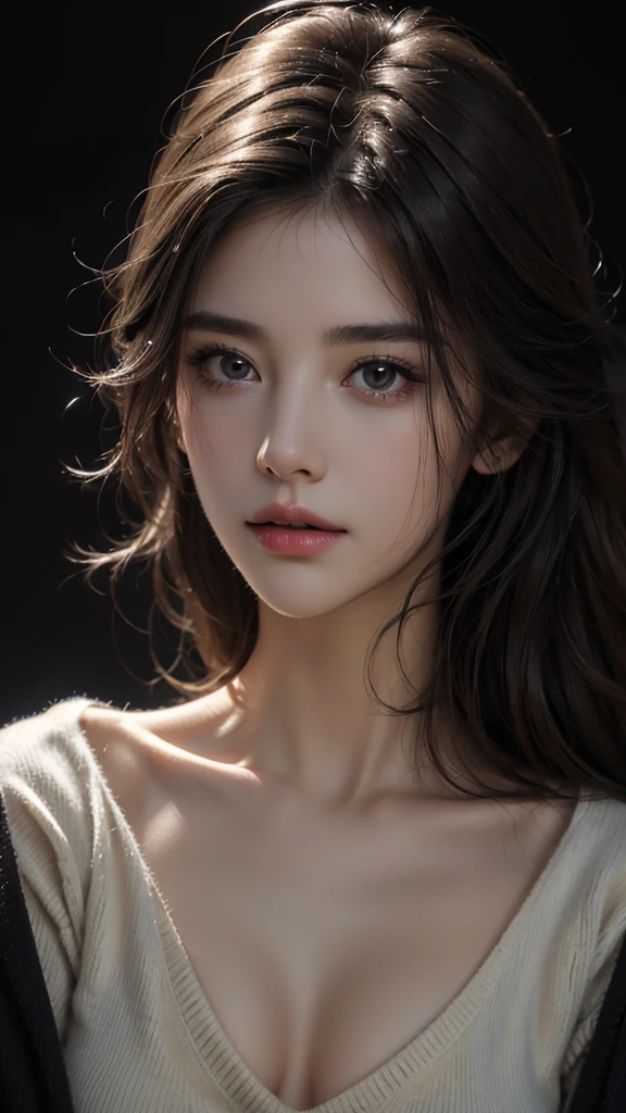 (8K, RAW Photos, Highest quality,masterpiece:1.2),One beautiful girl,(Small breasts),VNeck sweater,Beautiful face,Mature woman,Realistic Face,Ultra-realistic,Exposed cleavage,(night:1.3),(Dark Background:1.3),Sexy Face,detailed,超detailed.looking at the camera