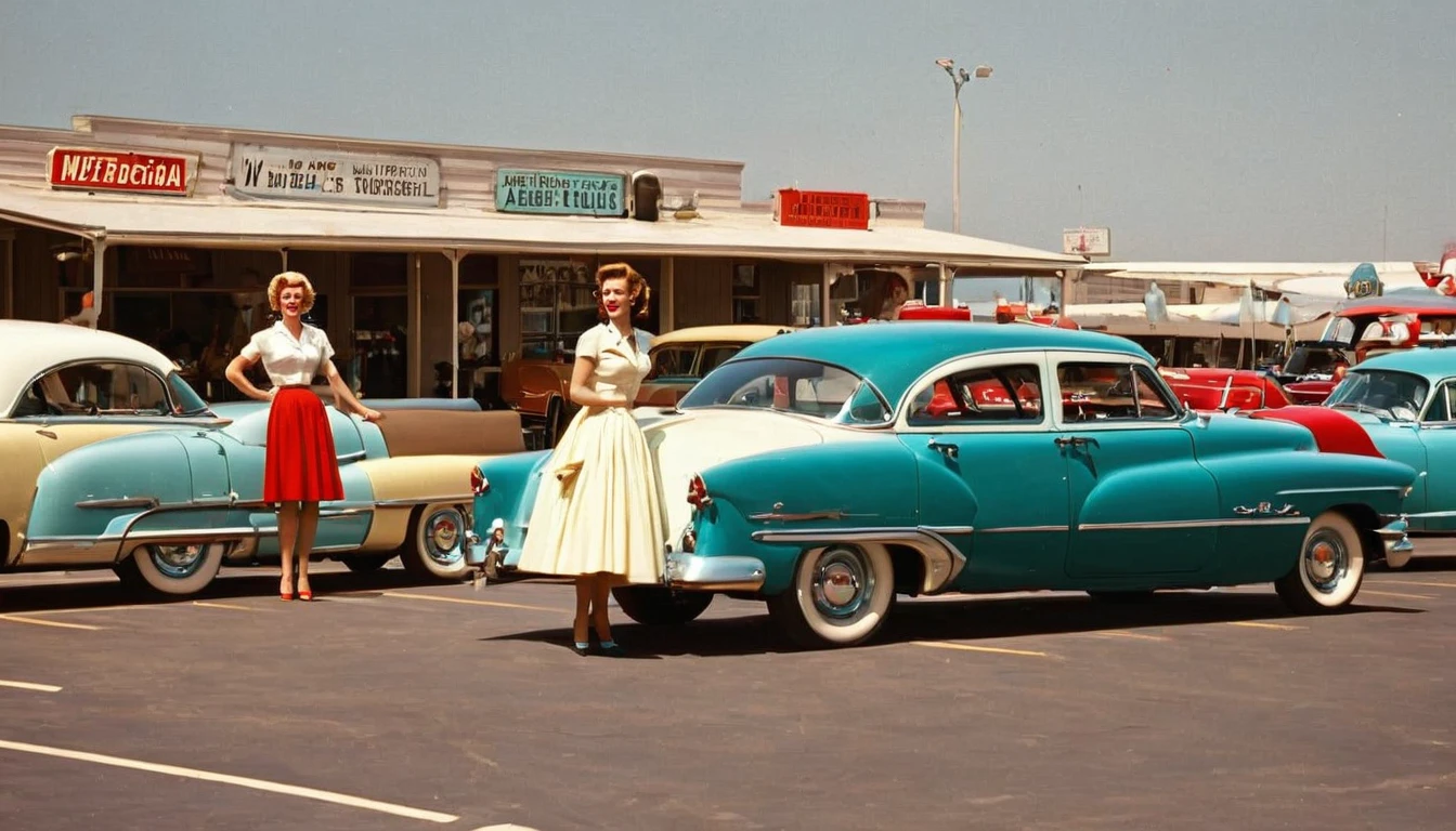 They are standing next to their car in the parking lot., 1 9 5 0 S Americana Tourism, 1950s vibe, 50s Style,2 beauties