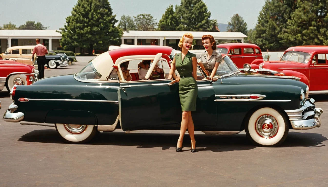 They are standing next to their car in the parking lot., 1 9 5 0 S Americana Tourism, 1950s vibe, 50s Style,2 beauties