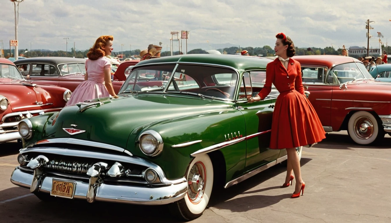 They are standing next to their car in the parking lot., 1 9 5 0 S Americana Tourism, 1950s vibe, 50s Style,2 beauties