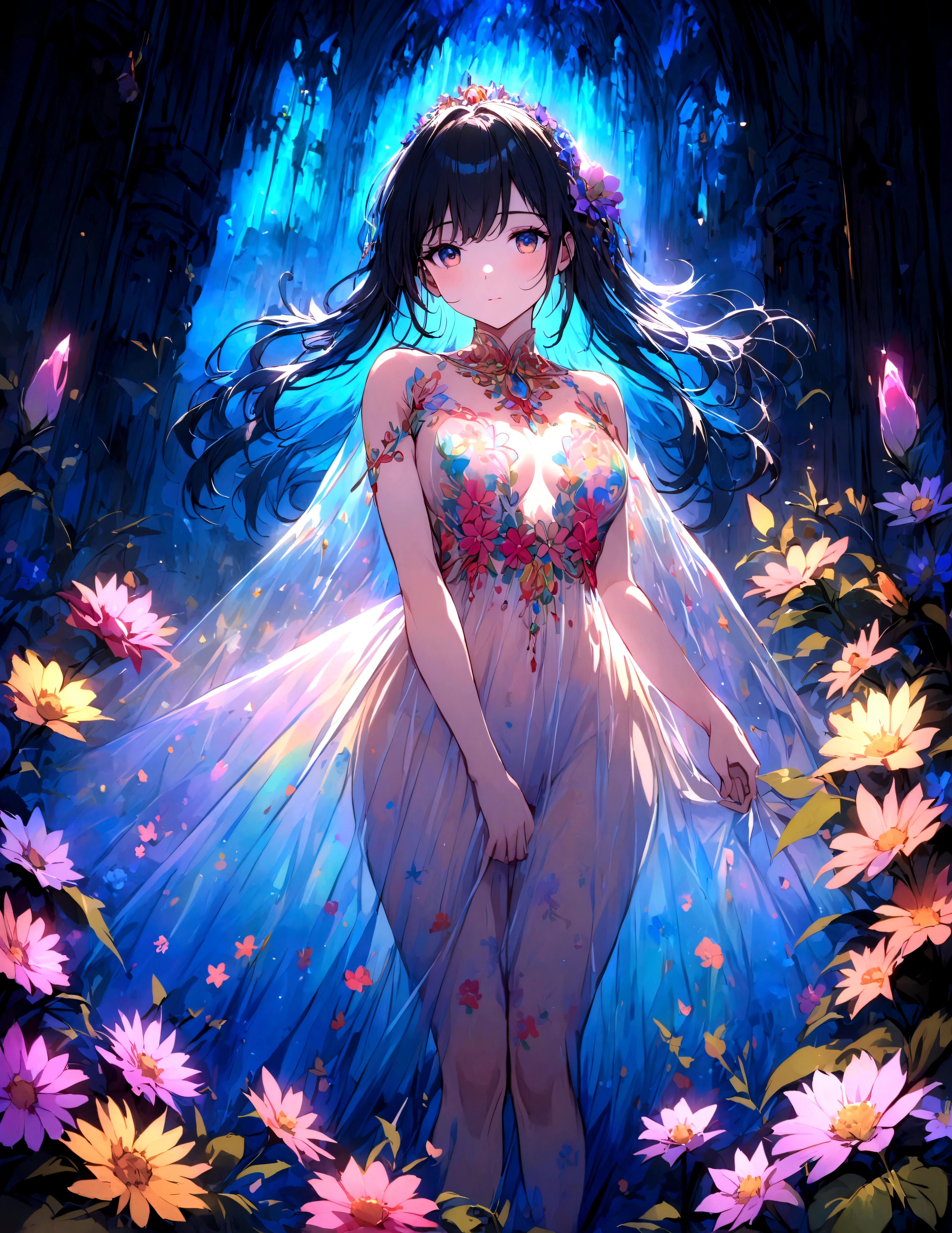 A cute woman (colorful sheer airy dress with intricate embroidery, nude underneath) strolling through a lavish flower garden at night