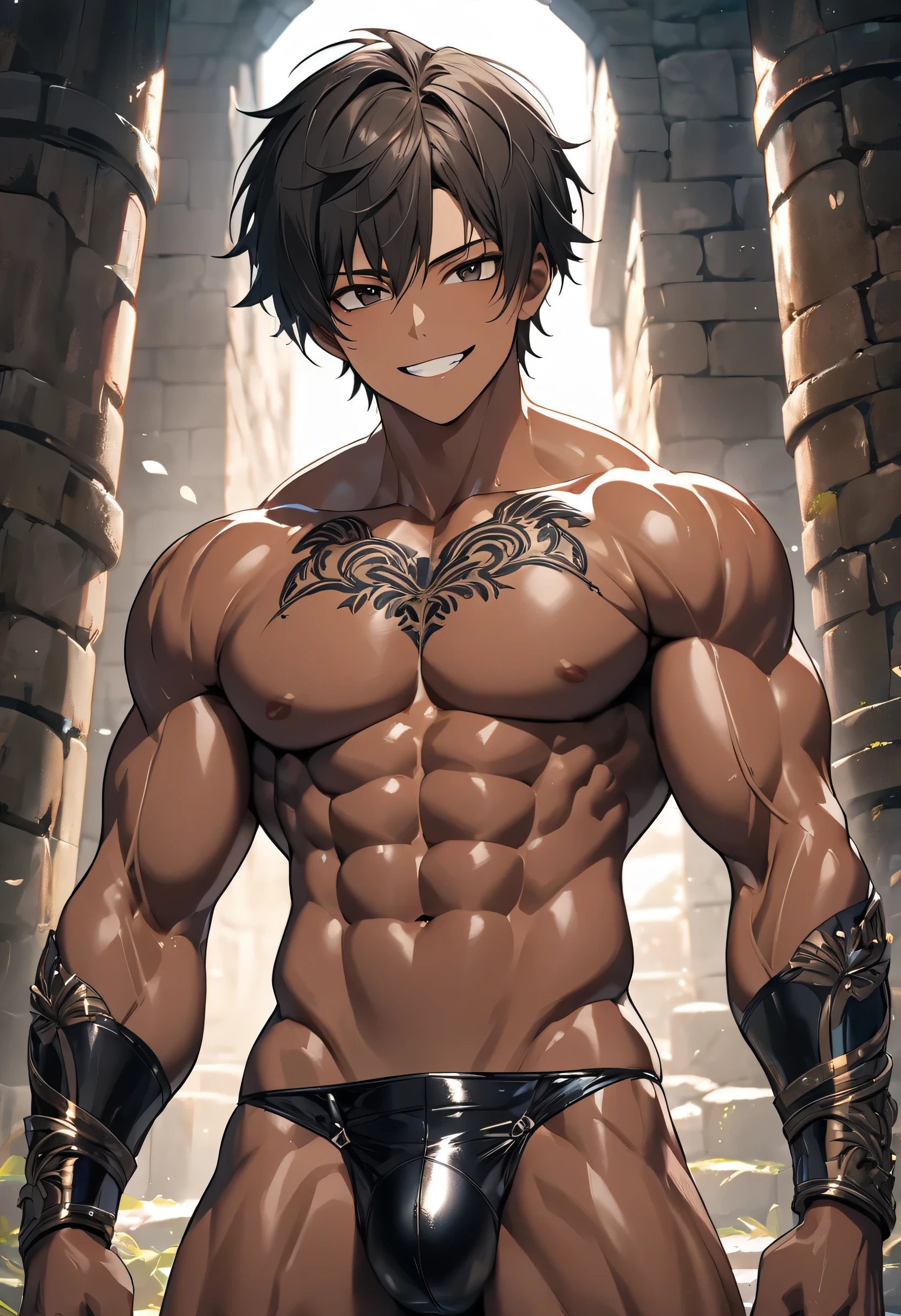 high quality, detailed, (22 years old japanese idol wrestler boy), (detailed black eyes), (black short hair), (muscle:1.5), (dark brown shiny skin:1.3), black tiny thong, bulge,(detailed nipples), yard, dungeon, (best quality,4k,8k,highres,masterpiece:1.2), smirk, face close up,