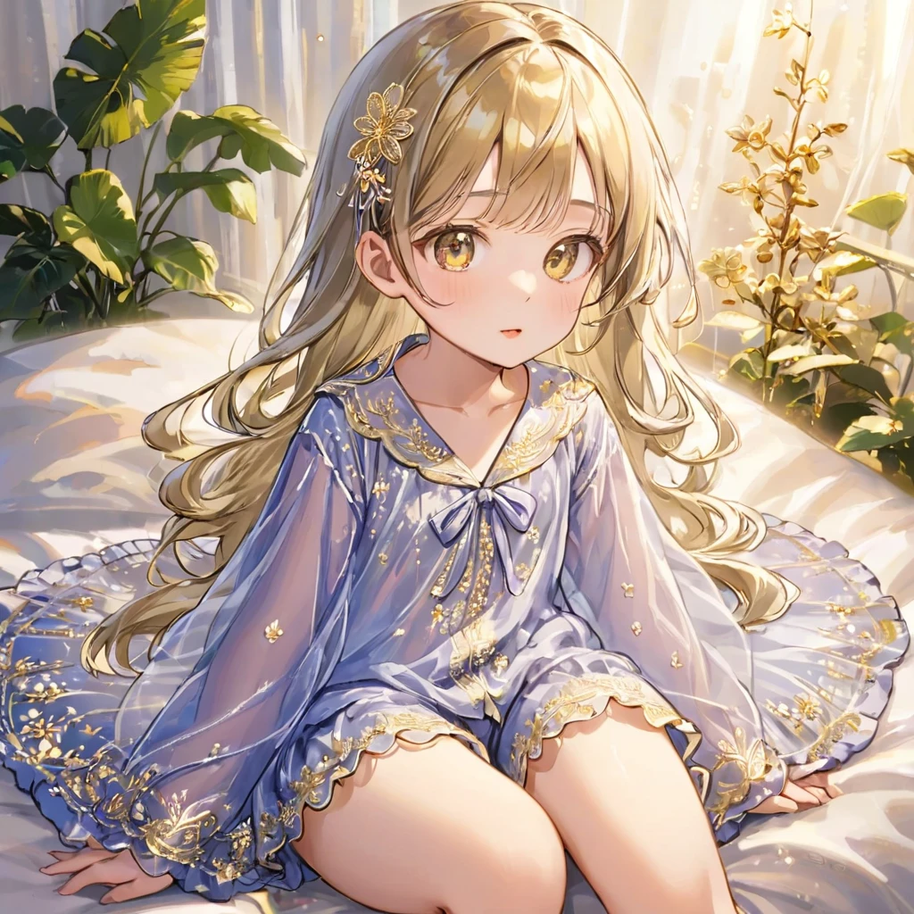 8-year-old girl, 1people、Pajamas、Gold and silver thread embroidery、Wearing semi-transparent bloomers that reach down to the knees、Translucent slip