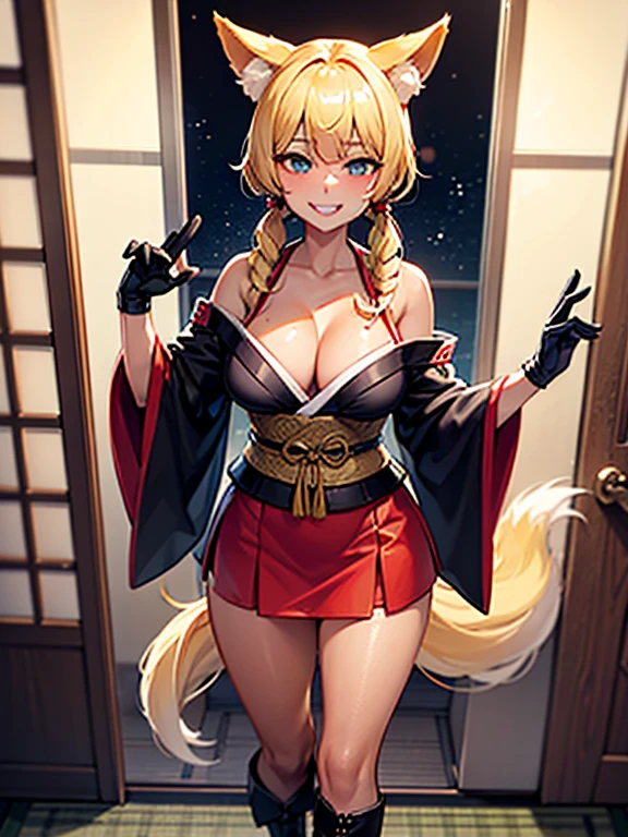 (Front Focus),(In the Dark:1.6), (masterpiece, Highest品質, Highest, Official Art, beautifully、aesthetic:1.2), Game CG, Extremely detailed and realistic CG, colorful, masterpiece, Highest品質, Jewel-like eyes, One girl, alone, (Blonde:1.5), Shiny Hair, Very long straight hair, Twin tails, thin, thin脚, Fox Girl, Japanese Shrine Maiden Costume, Black Shrine Maiden Clothes, mini skirt, Succubus Boots, Aqua blue eyes, Large Breasts, Saggy breasts, Cleavage, black elbow gloves, latex, Grin, smile, Jig eyes, Juru, Half-closed eyes, tsurime, hotel bedroom background, From a viewpoint, Highest quality eyes, Sharp teeth, Tsundere, Are standing, Contrasting, Raise the hand, (Dark Skin:1.0), Fox Ears, Fox's Tail, mesugaki, teasing, Conceit, pretty girl, , Open your mouth, tooth, Sticking out tongue, Pointed Ears, Pink Heart Tattoo, (Sharp focus:1.2), thin腕, thin脚, overview, Last, Bitch, Dark Skin, Dark Skin,