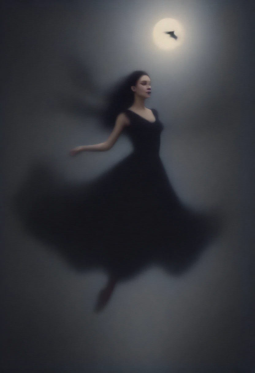 Gothic reverie, long dress, woman flying, sensual, long hair, clear but dark eyes, full moon, bats, black lilies, Ballet dancer