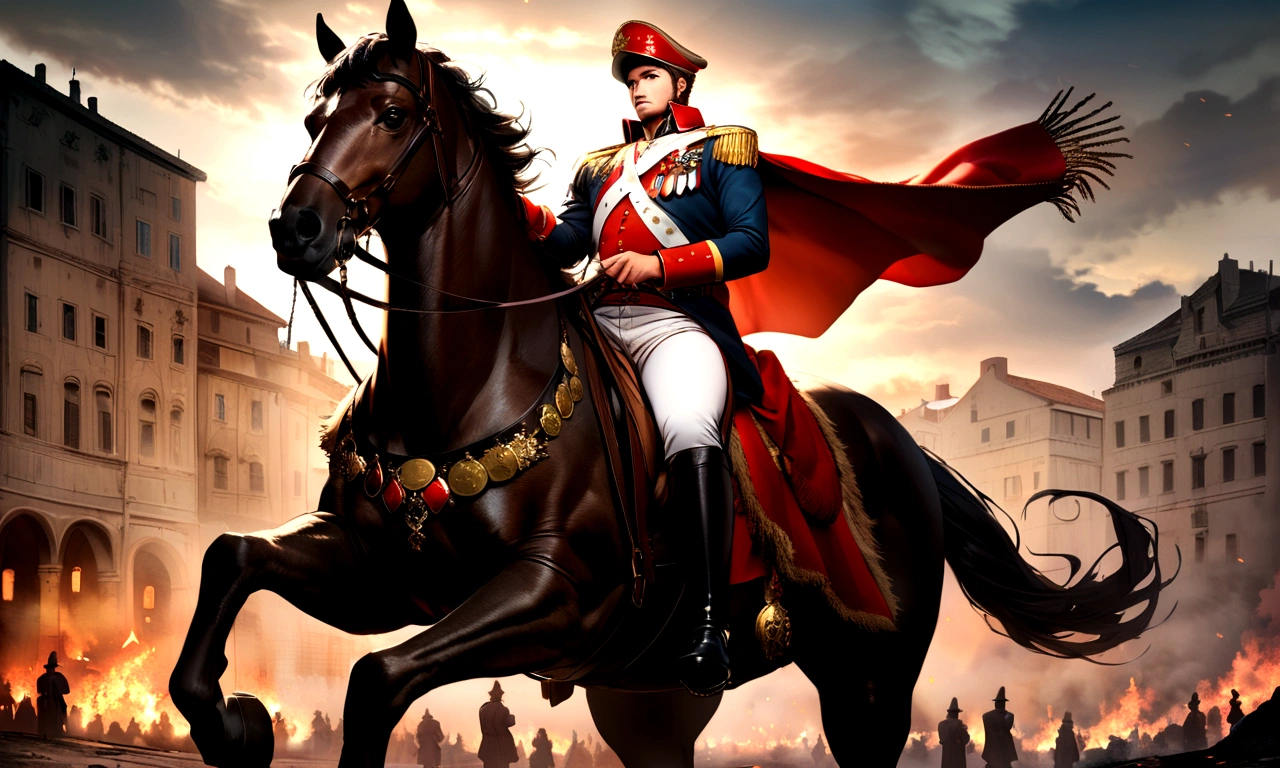 This photo shows Napoleon riding a warhorse，In military uniform，Military uniforms are covered with medals