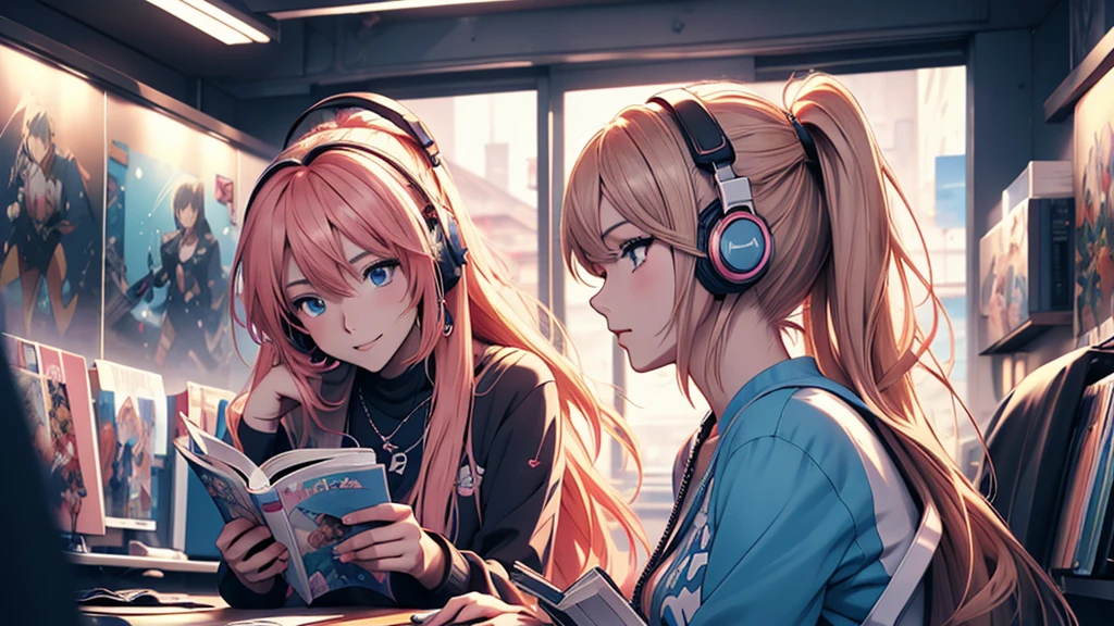 Woman wearing headphones, Anime Style 4 k, anime wallpaper 4k, anime wallpaper 4k, 4k anime wallpaper, anime art wallpaper 4k, anime art wallpaper 4k, Anime Style. 8K, Anime atmosphere, , Ultra HD Anime Wallpaper, Anime Art Wallpaper 8K, Anime Background,landscape、reading、Home
