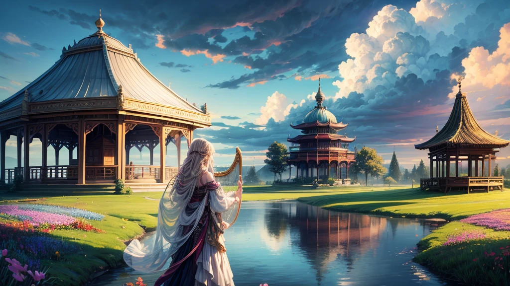 "oil, ((Mysterious Girl)), The sound of a harp echoing through the air, A pavilion surrounded by wildflowers, ((Dramatic cloud formation)), A rich palette, Fantasy World, Magical Aura",Girl from behind