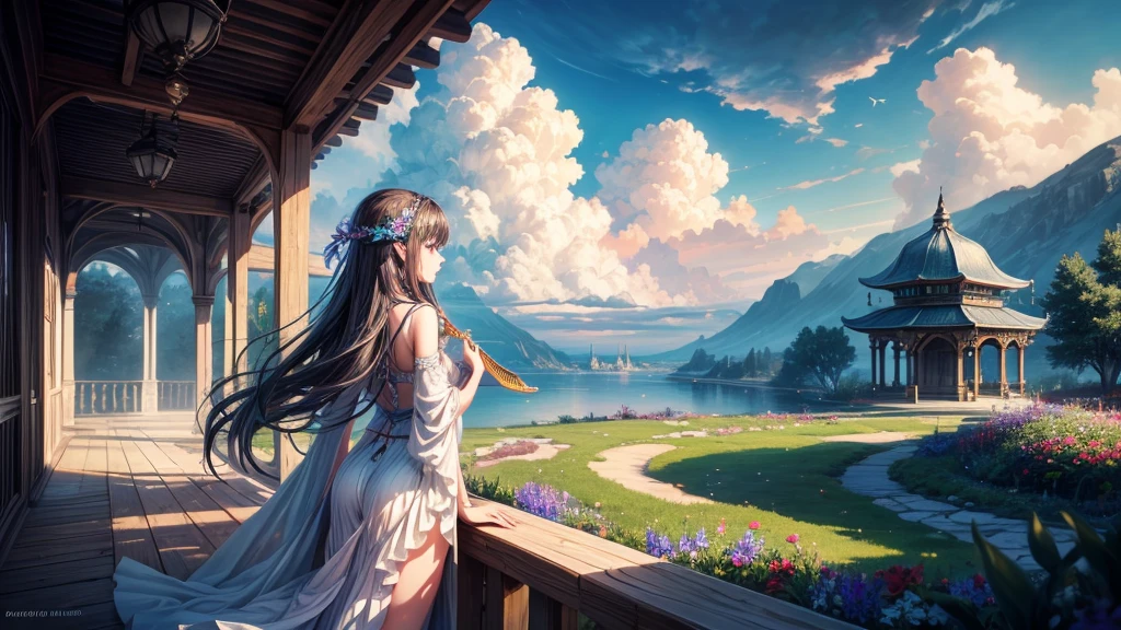 "oil, ((Mysterious Girl)), The sound of a harp echoing through the air, A pavilion surrounded by wildflowers, ((Dramatic cloud formation)), A rich palette, Fantasy World, Magical Aura",Girl from behind