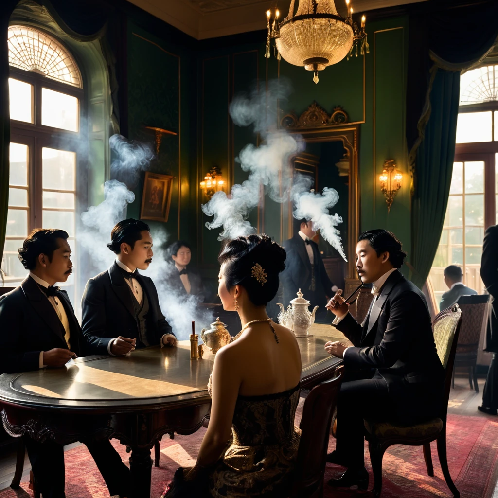 A group of gentlemen in silloette with their backs to the viewer watching woman on a table. (the woman is half-asian, asian-european, with black wavy hair). The anonymous gentlemen are smoking, layers of smoke are visible in the dimly lit victorian parlour. The victorian parlour is lavishly decorated with sumptuous furnishings like a royal manor.
