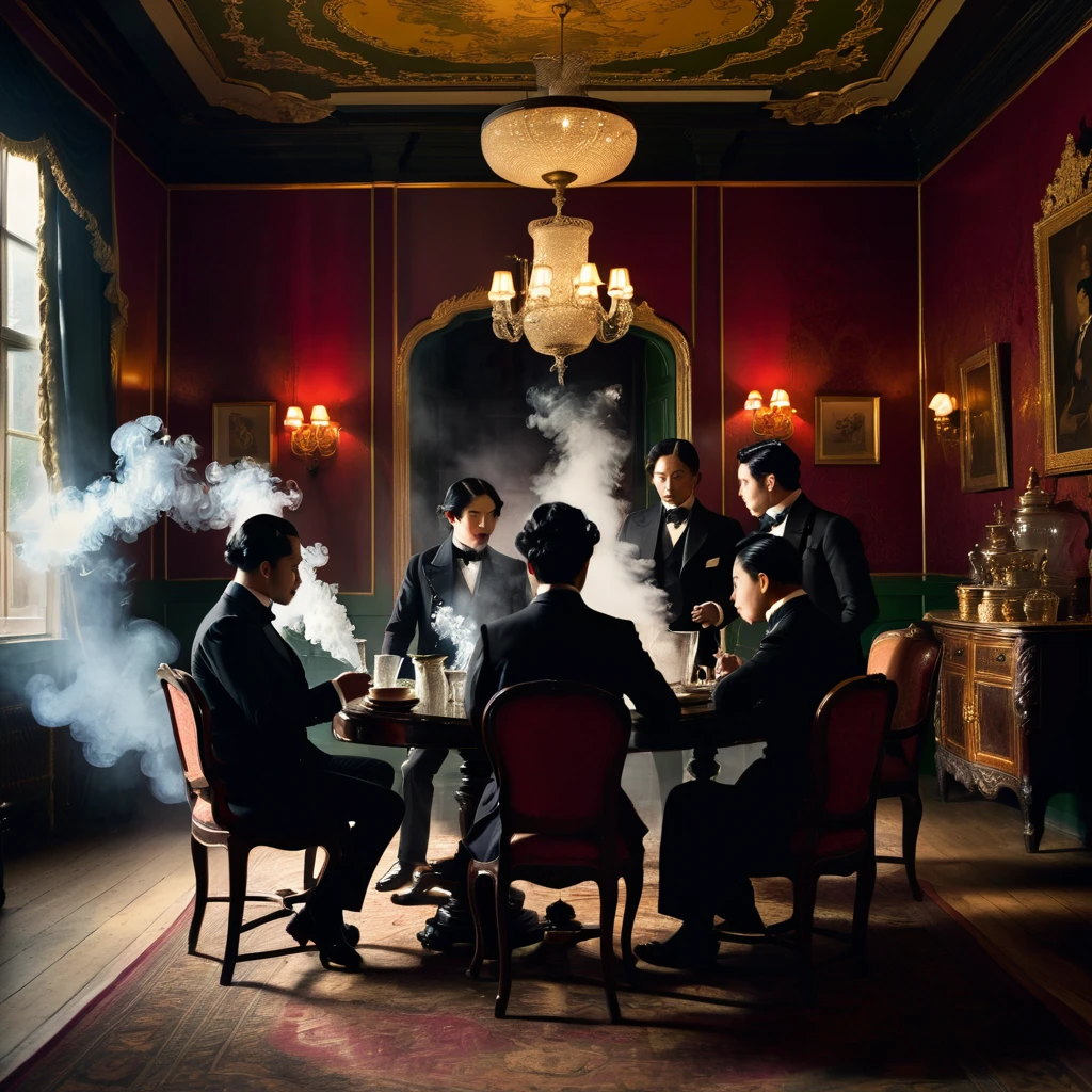 A group of gentlemen in silloette with their backs to the viewer watching woman on a table. (the woman is half-asian, asian-european, with black wavy hair). The anonymous gentlemen are smoking, layers of smoke are visible in the dimly lit victorian parlour. The victorian parlour is lavishly decorated with sumptuous furnishings like a royal manor.